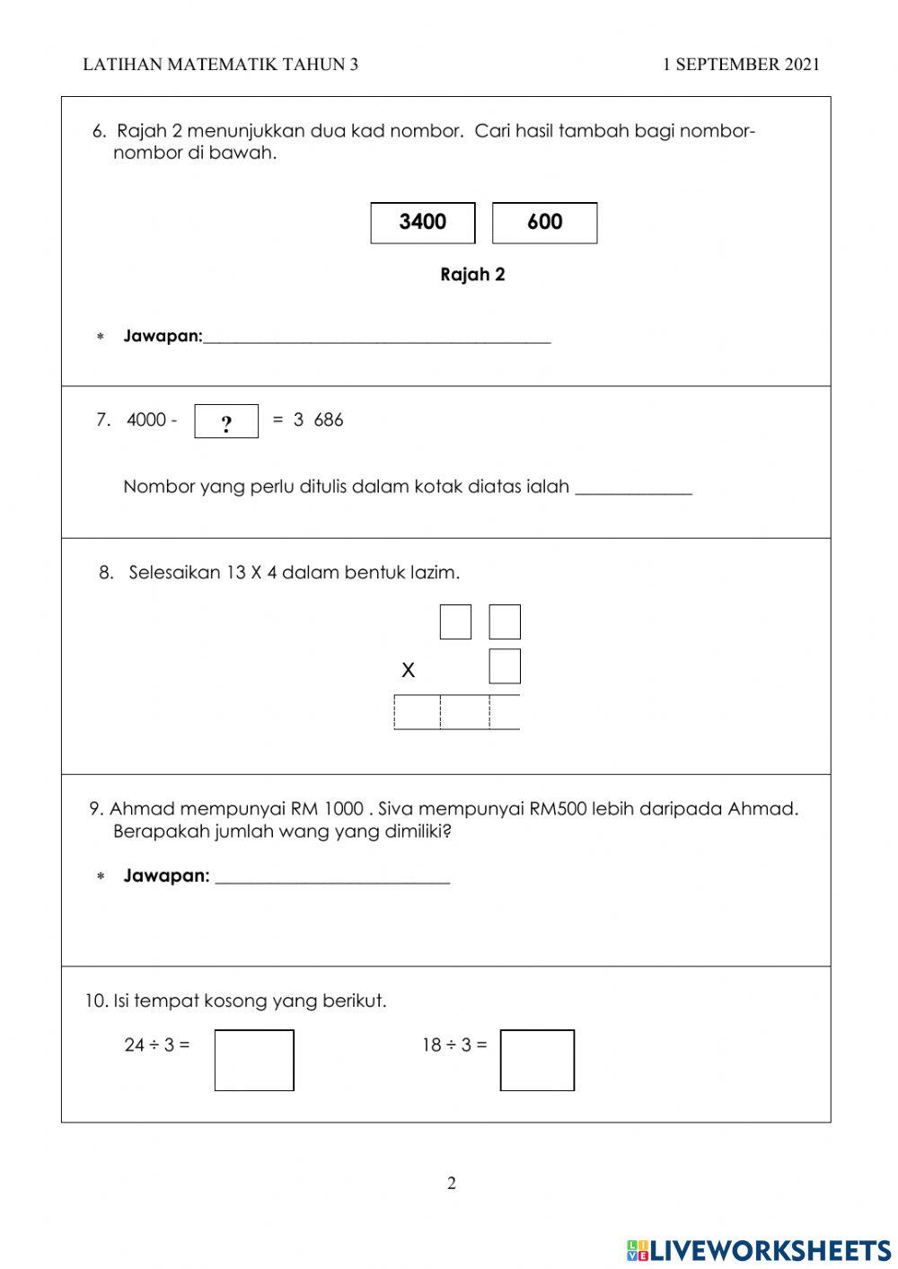 Latihan matematik tahun 3