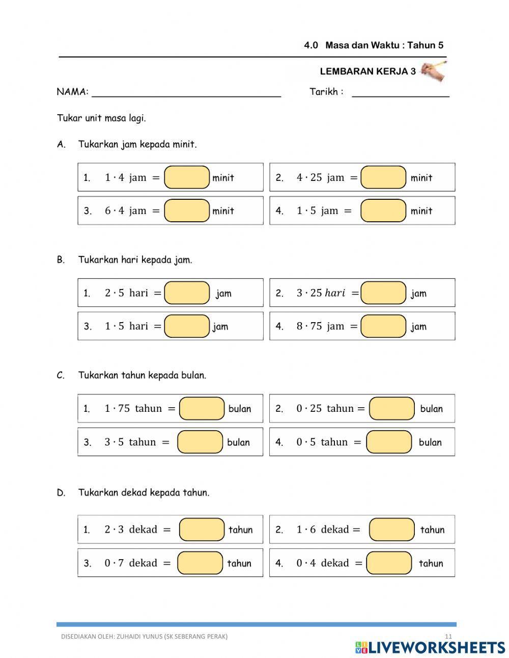 Matematik Tahun 5 - Tukar Unit Masa (Perpuluhan)
