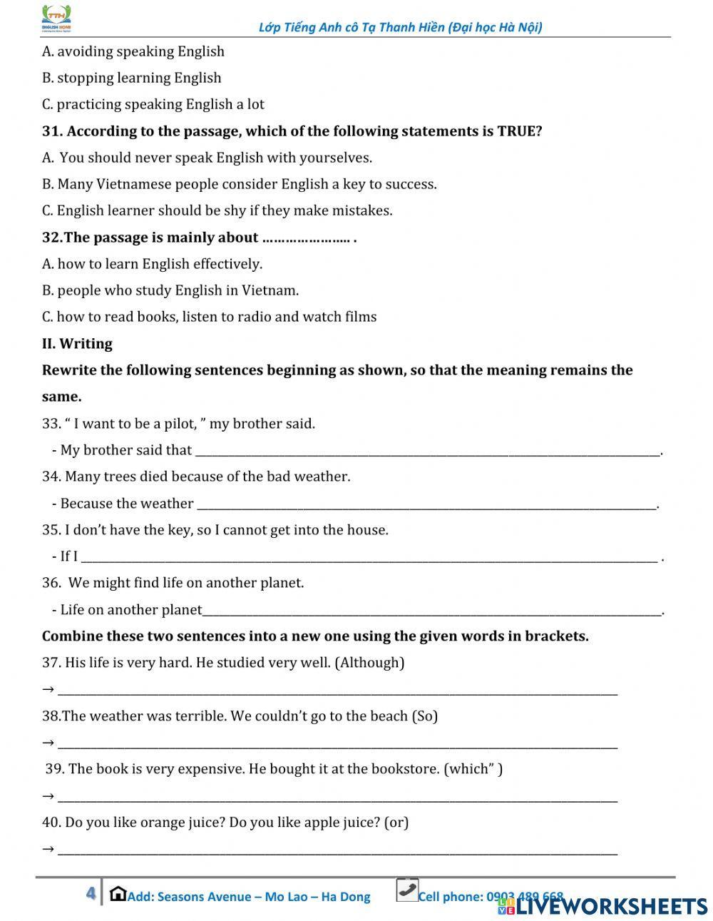 grade 9 grammar worksheets