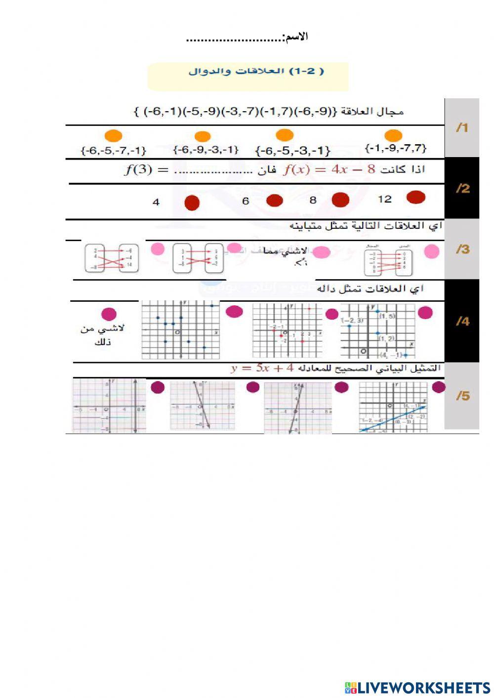 ورقة عمل العلاقات والدوال