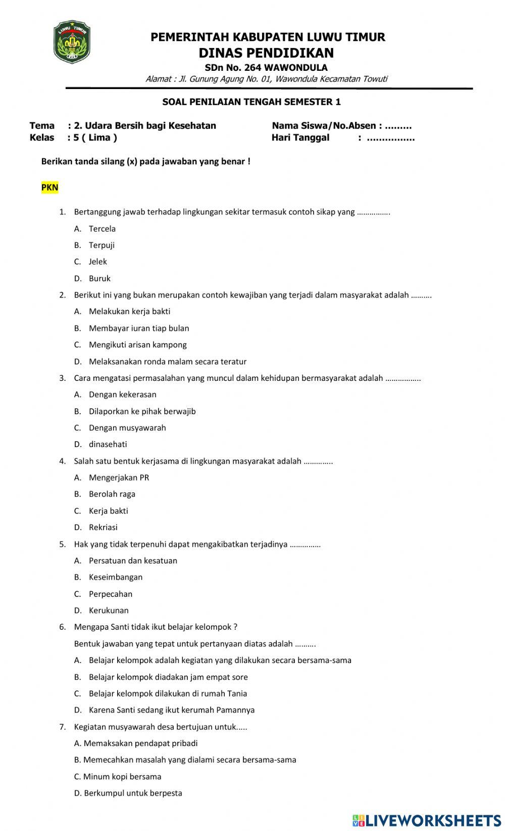 Soal penilaian harian tema 2 kelas 5