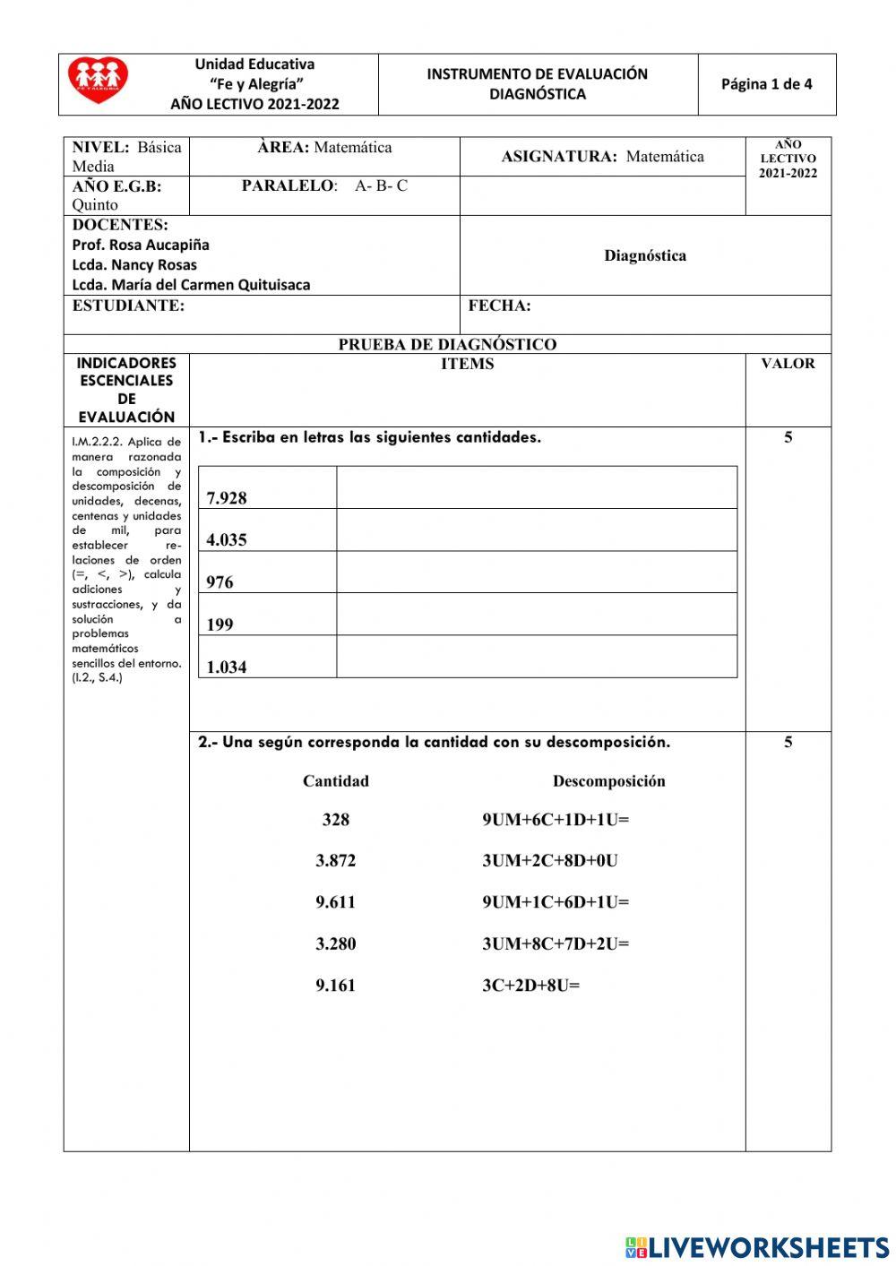 Diagnóstico de Matemáticas