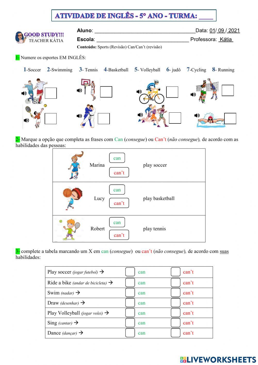 5° ano - INGLÊS - sports- can-can't - 01-09-21