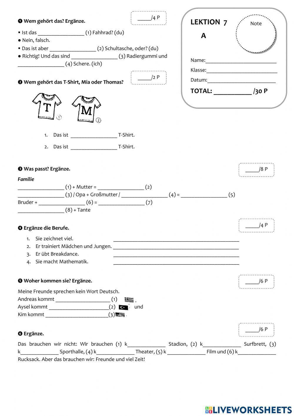 Beste Freunde LEKTION 7Test online exercise for Live Worksheets