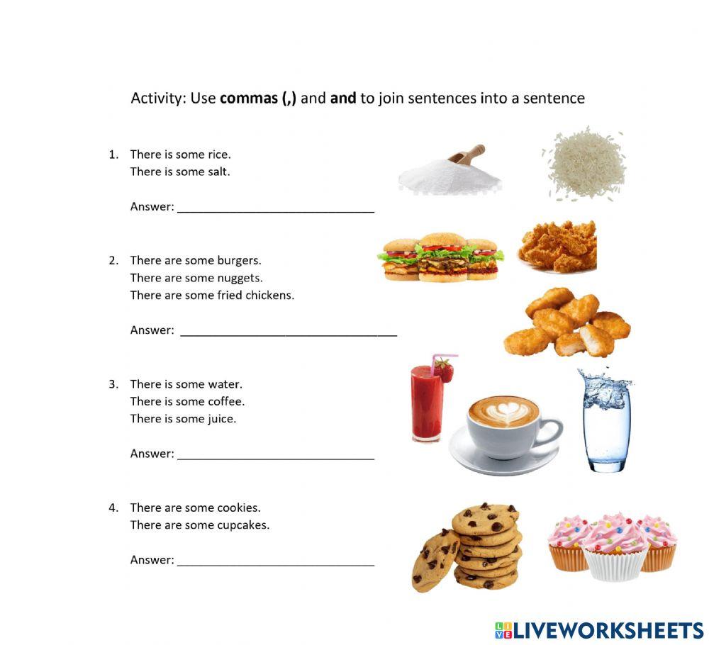 Using commas (,) and (and) to join sentences worksheet | Live Worksheets