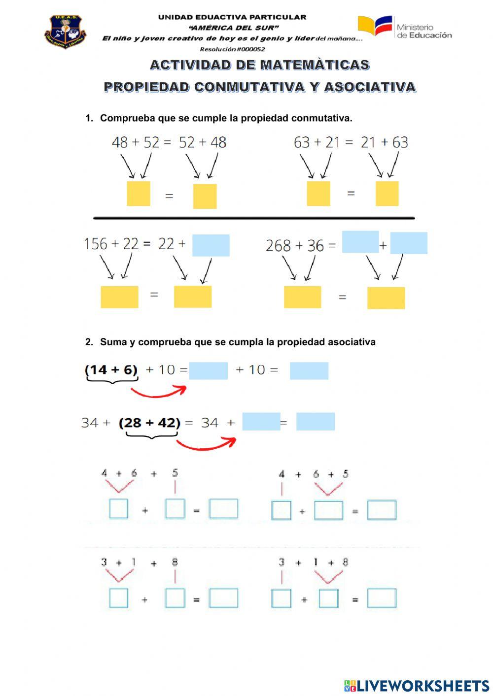Propiedades asociativa y conmutativa de la suma