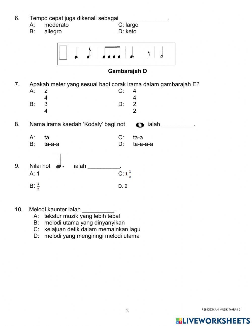 Pentaksiran Setara Pendidikan Muzik Tahun 5 online 2021
