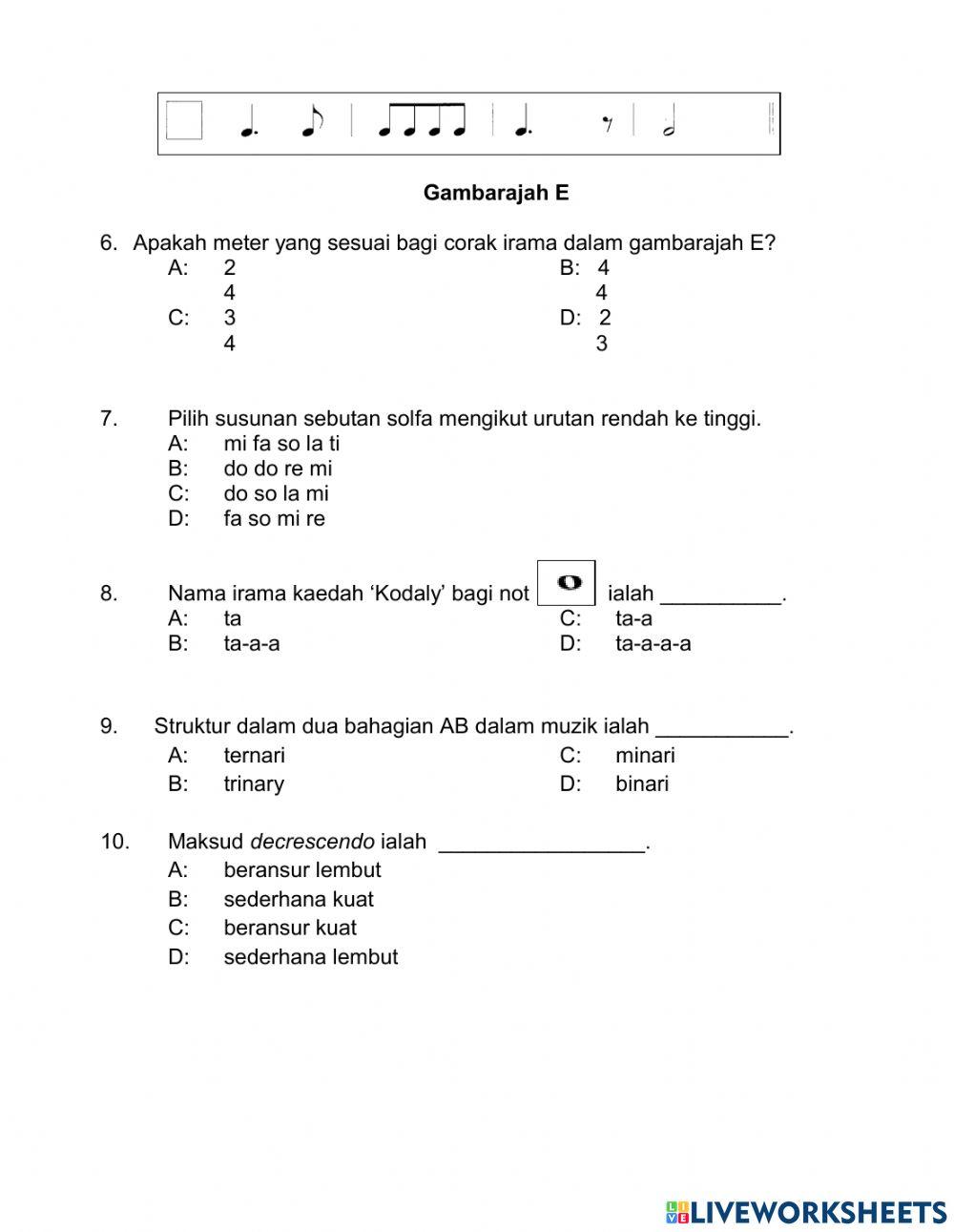 Pentaksiran Setara Pendidikan Muzik Tahun 6 online 2021