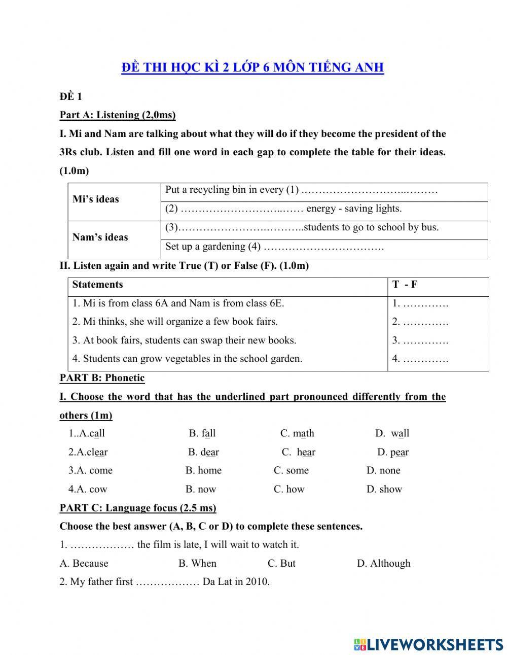 Grade 6.Đề thi học kì 2