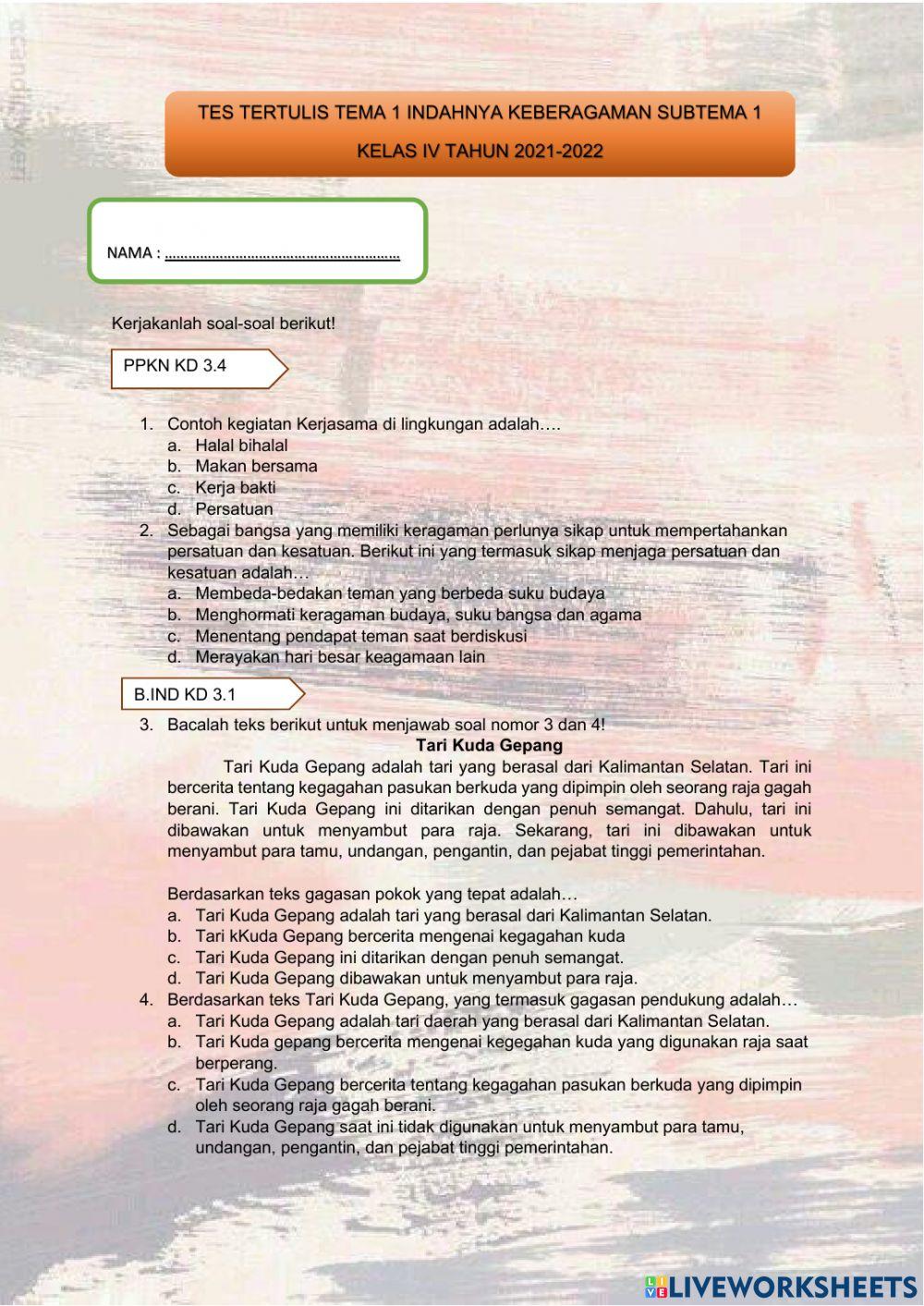 Ulangan Harian Kelas 4 Tema 1 Subtema 1