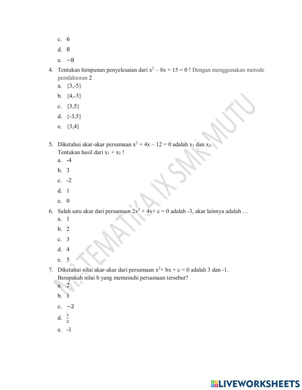 Quis Persamaan Kuadrat