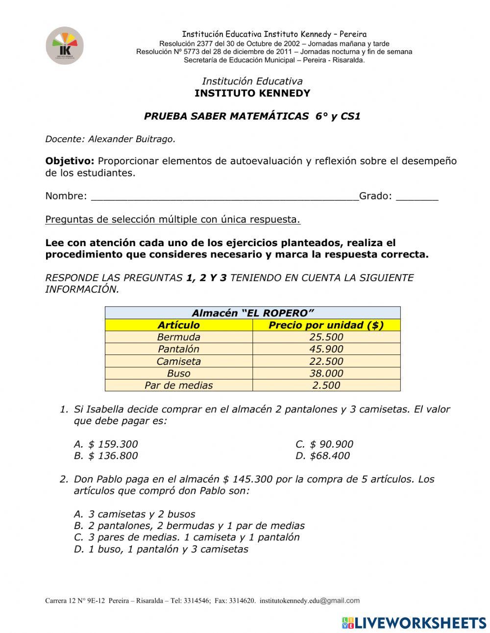 Prueba saber matemáticas