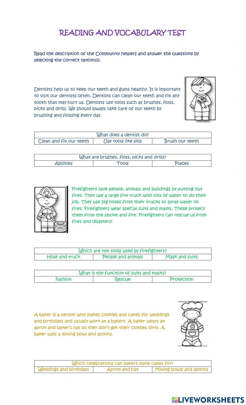 Community helpers - Reading comprehension and vocabulary