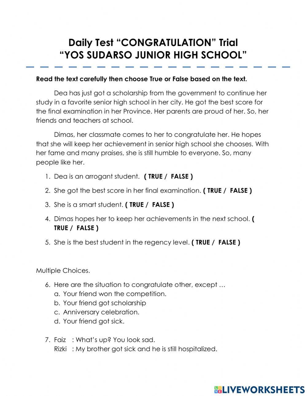 Daily Test Trial -CONGRATULATION- GRADE 9 CHAPTER 1