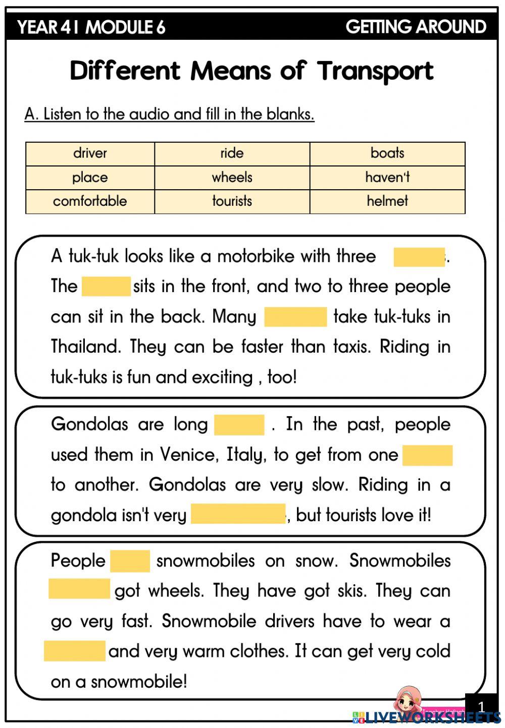 Year 4 module 6 - transport- reading