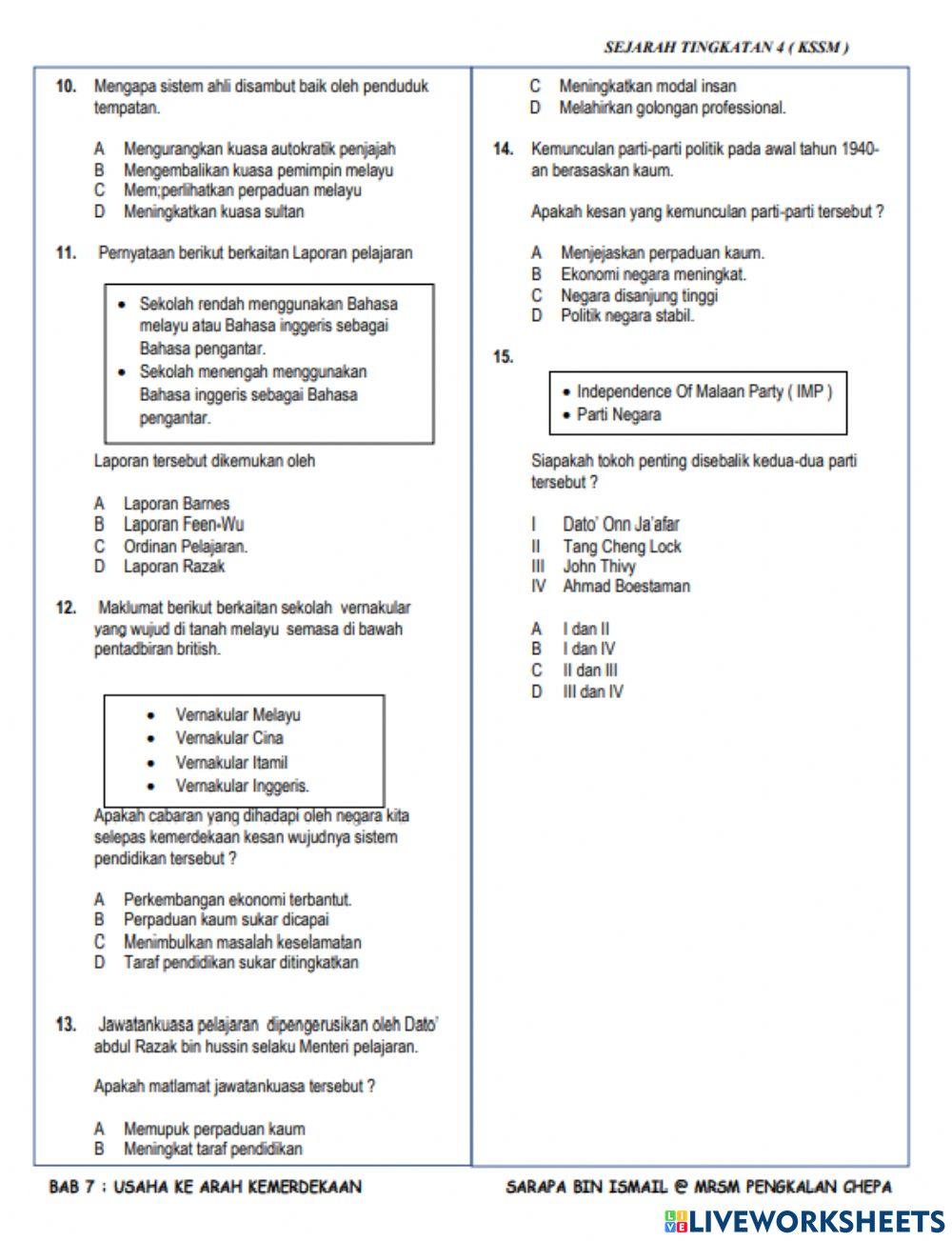 Sejarah Tingkatan 4 Bab 7 : Usaha Ke Arah Kemerdekaan (Bahagian 2) Sejarah Tingkatan 4 Bab 7 : Usaha Ke Arah Kemerdekaan (Bahagian 2)