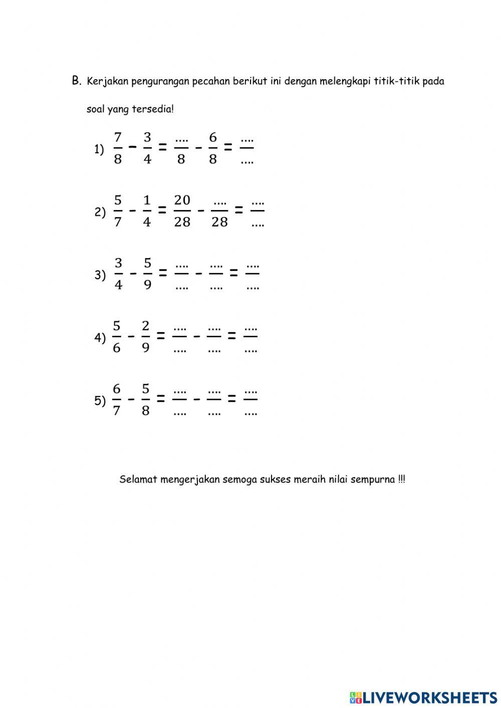Lembar Kerja Peserta Didik Penjumlahan dan Pengurangan Pecahan Biasa