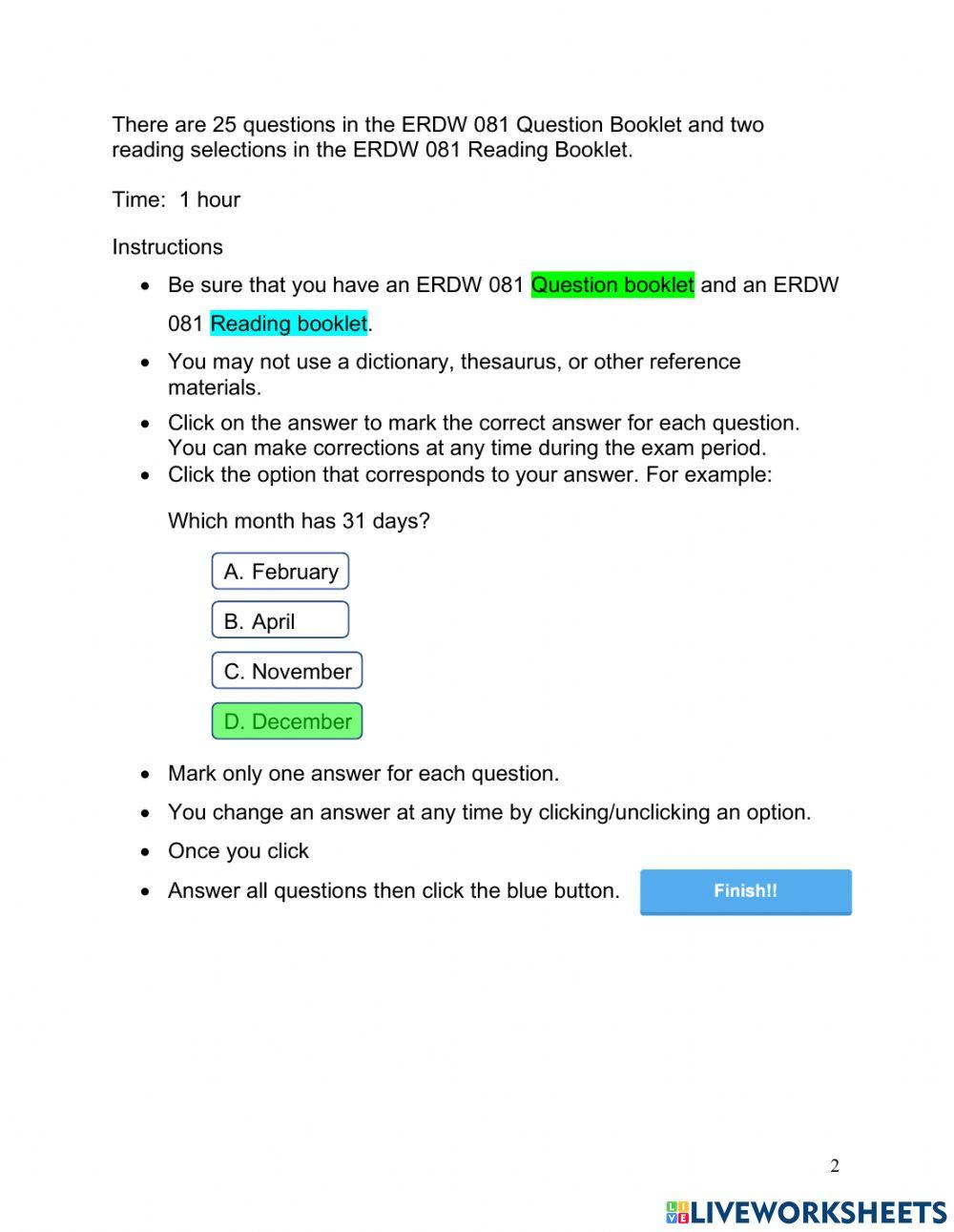 ERDW 081 - Reading Exam Question Booklet
