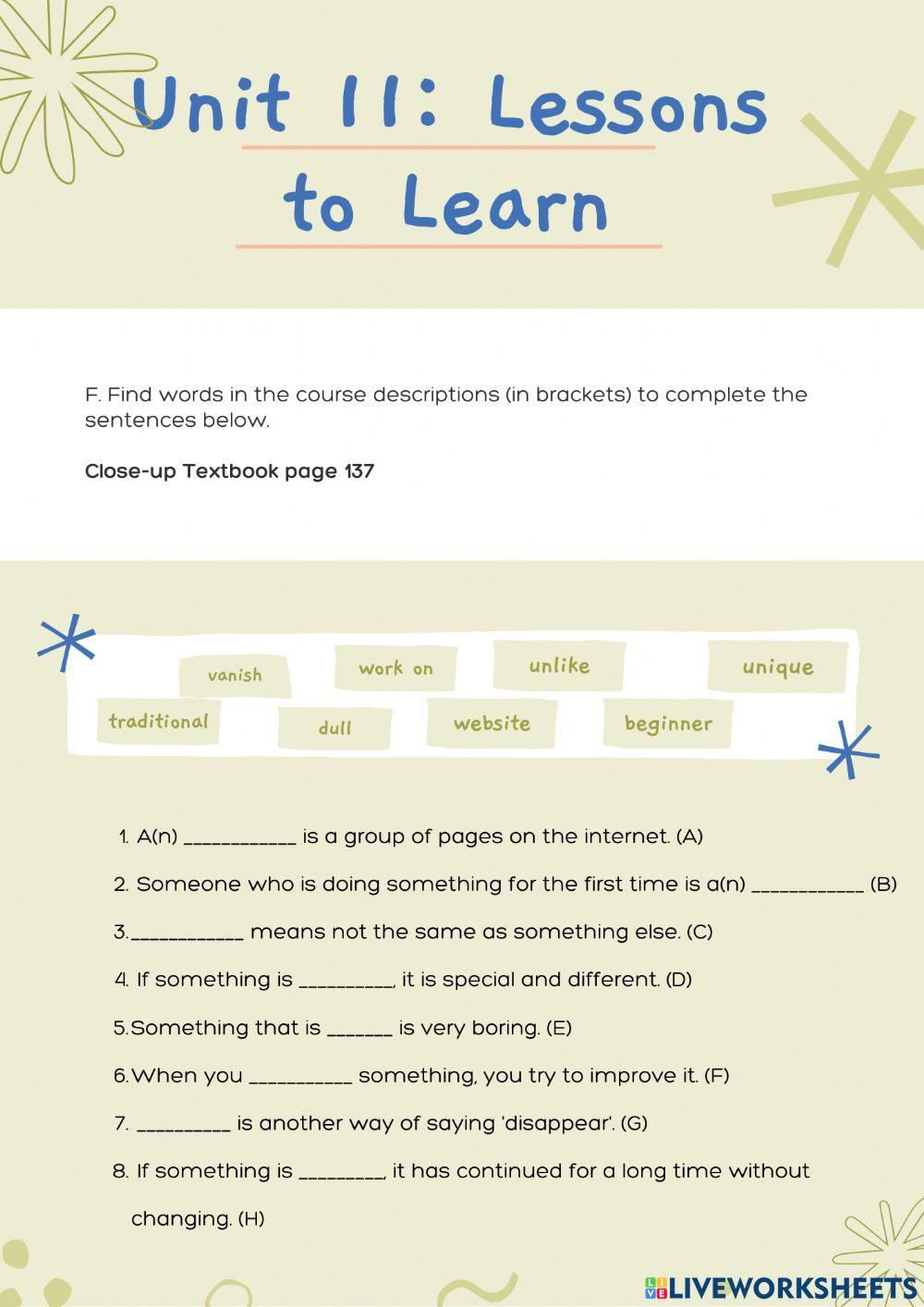 Unit 11: Lessons to Learn