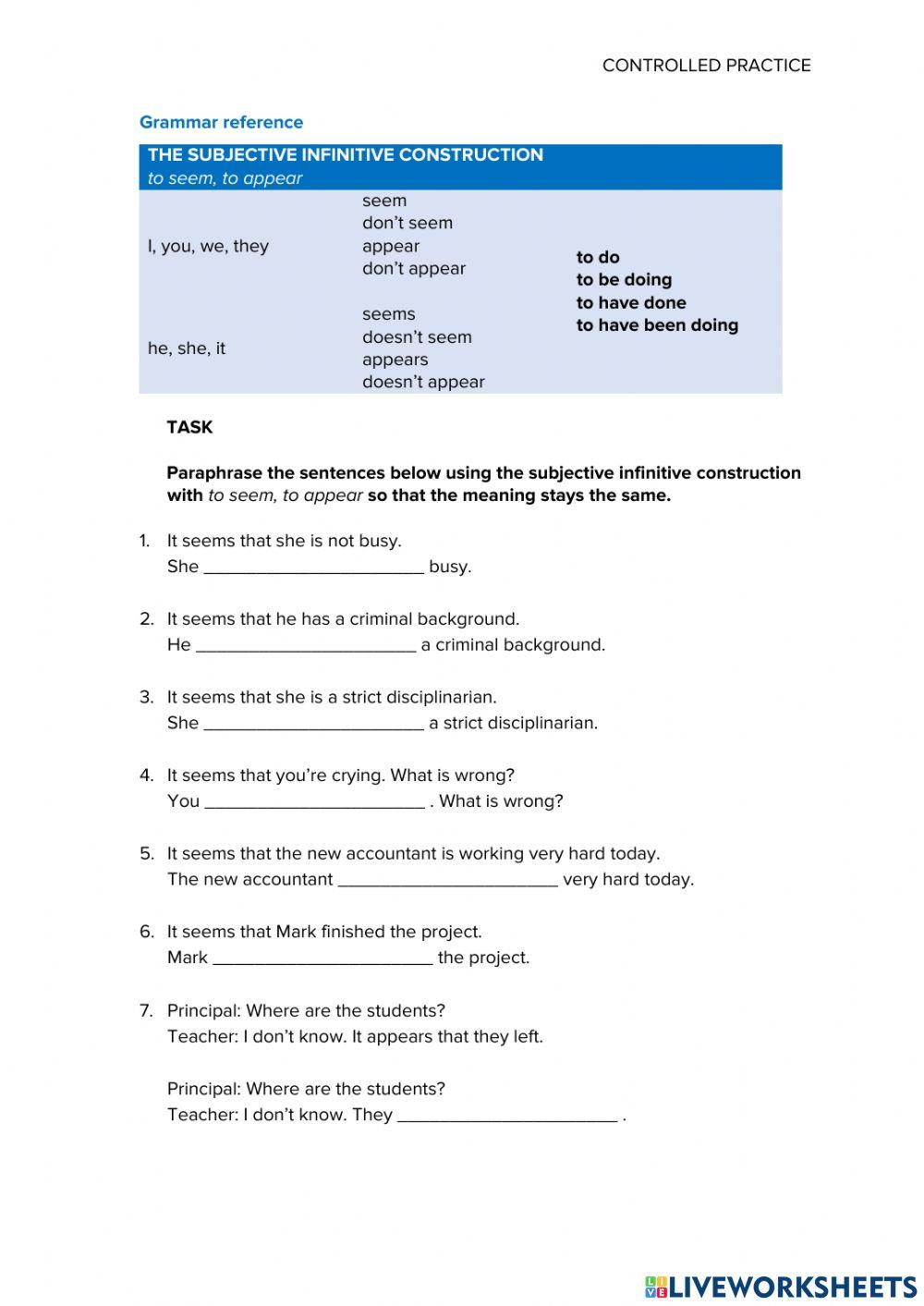 THE SUBJECTIVE INFINITIVE CONSTRUCTION (TO SEEM, TO APPEAR) – REVIEW