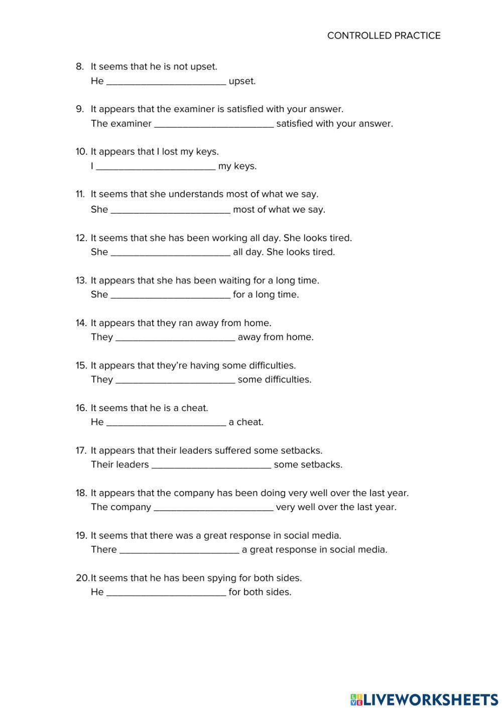 THE SUBJECTIVE INFINITIVE CONSTRUCTION (TO SEEM, TO APPEAR) – REVIEW