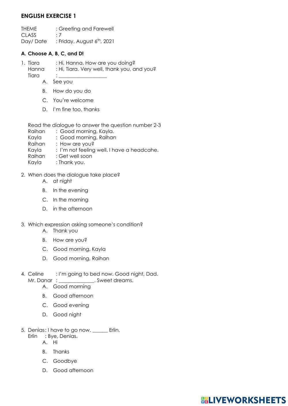 English Exercise Greeting and Farewell