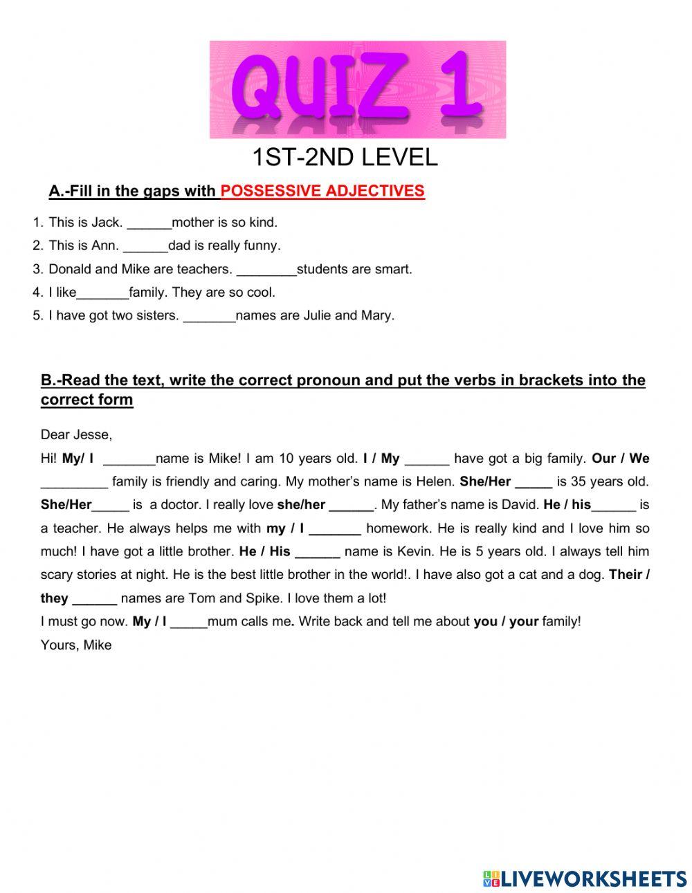 Quiz 1:personal pronouns-possessive adjectives.