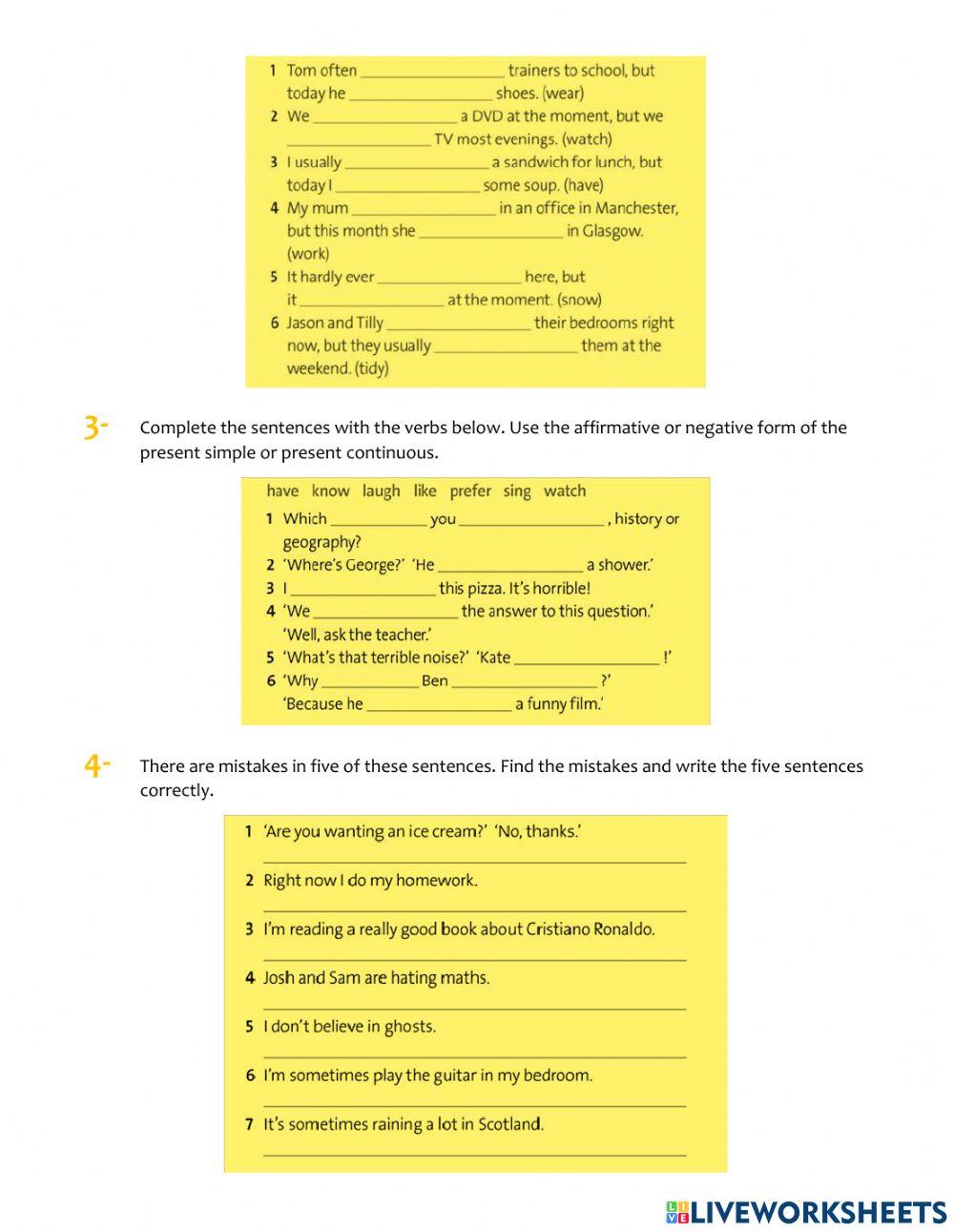 Present simple and present continuous activities