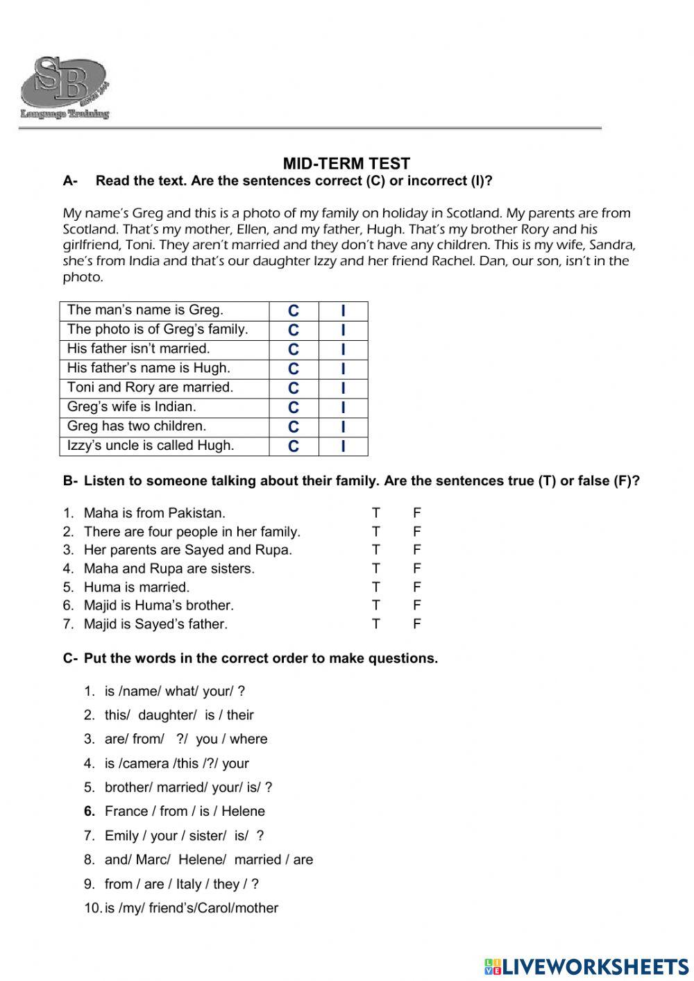 Mid-term test- Global beginner Units 1-3