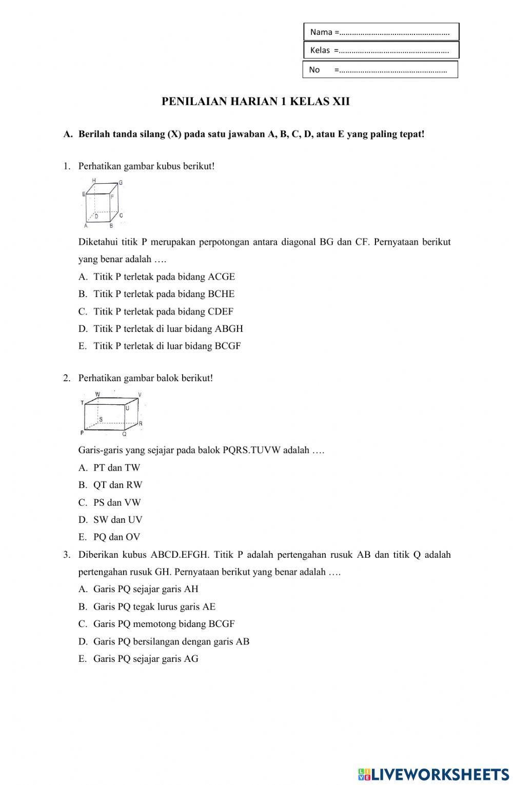 Soal ulangan dimensi tiga