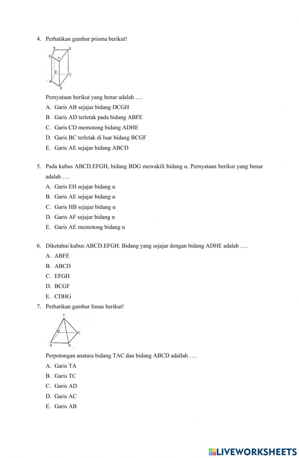 Soal ulangan dimensi tiga