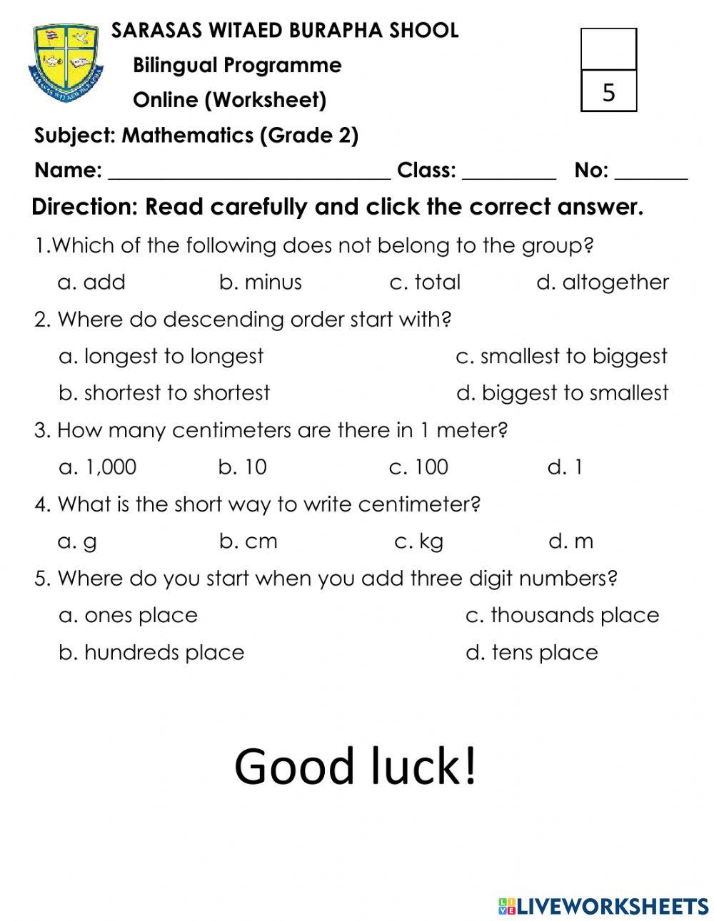 Sample math test worksheet | Live Worksheets