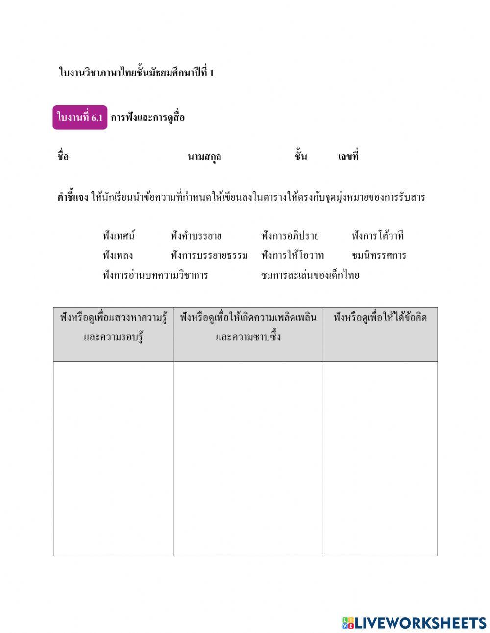 ใบงาน การฟังและการดูสื่อ ม.1 ตอนที่ 2