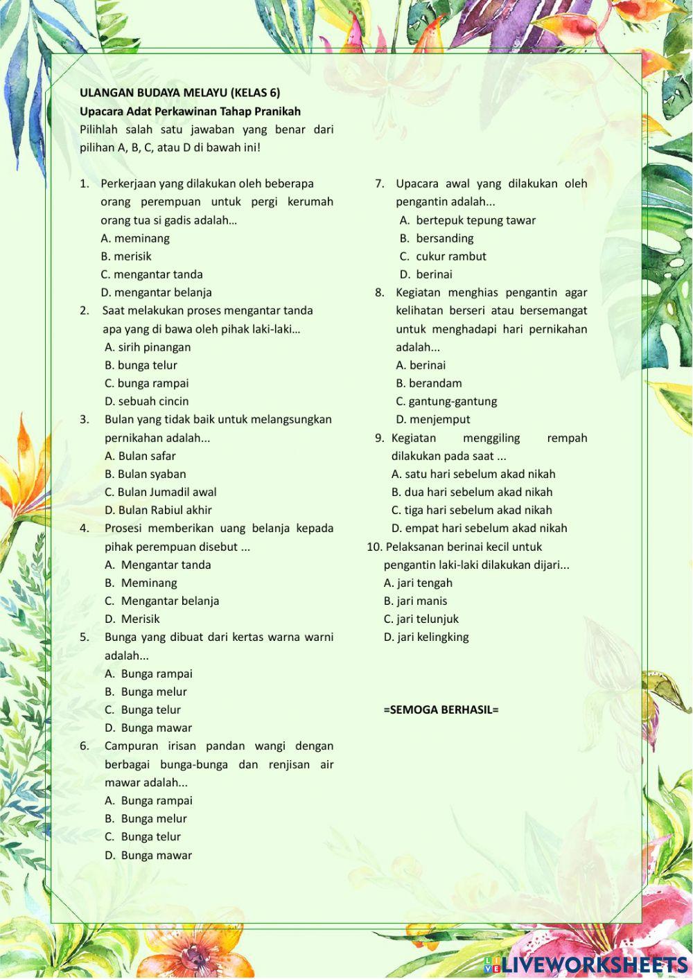 Ulangan budaya melayu kelas 6 (pelajaran 1)