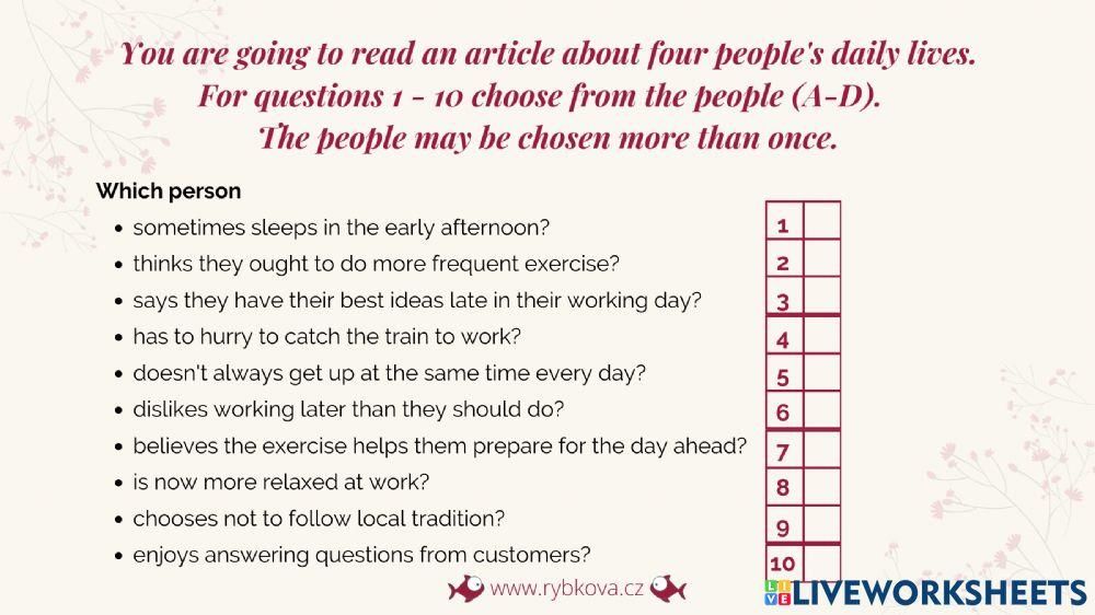 Reading (Typical day) Comp.First U1