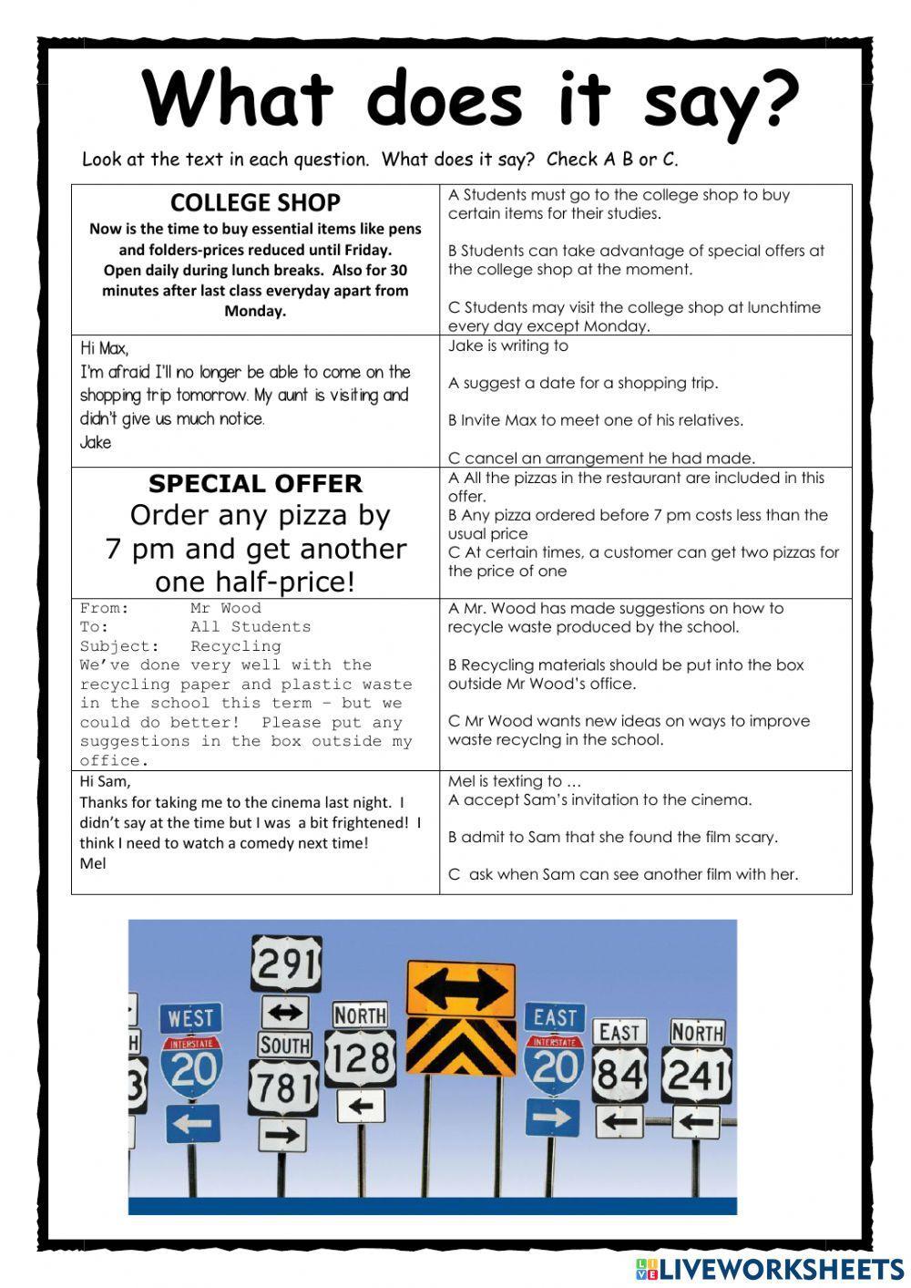 Read Signs 2 PET Exercise