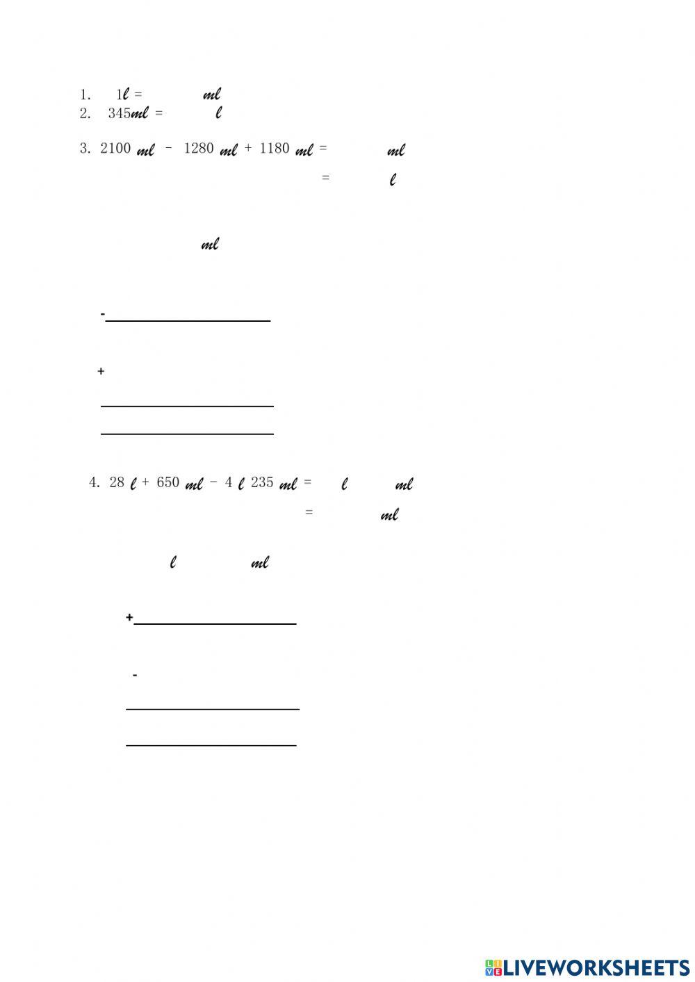 四年级数学-液体体积加减混合运算