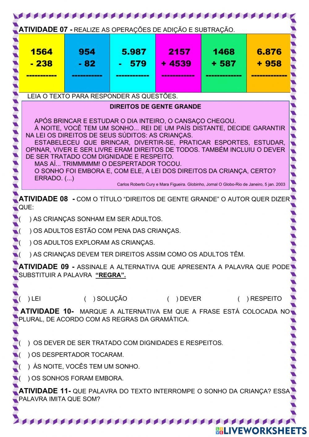 Atividade interdisciplinar matemática e português