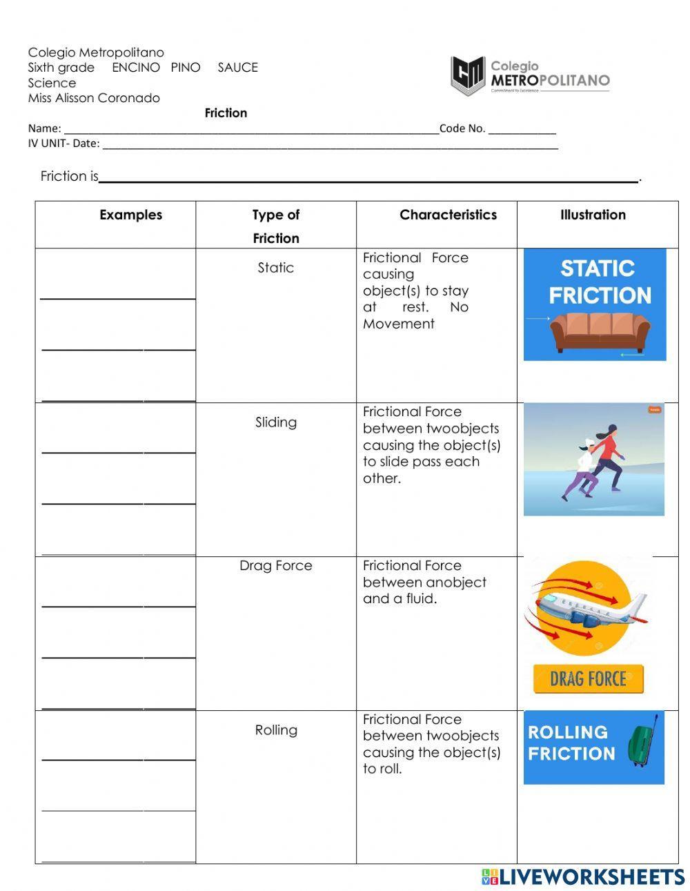 Types of Friction worksheet | Live Worksheets Types of Friction worksheet | Live Worksheets