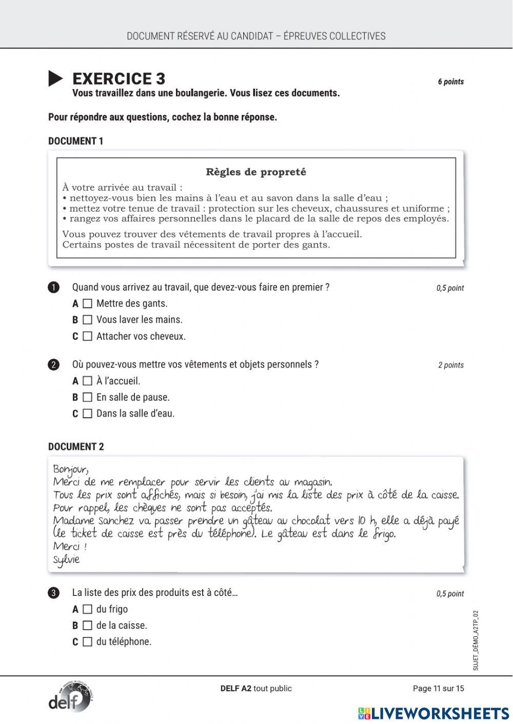 DELF A2 Compréhension et production écrites