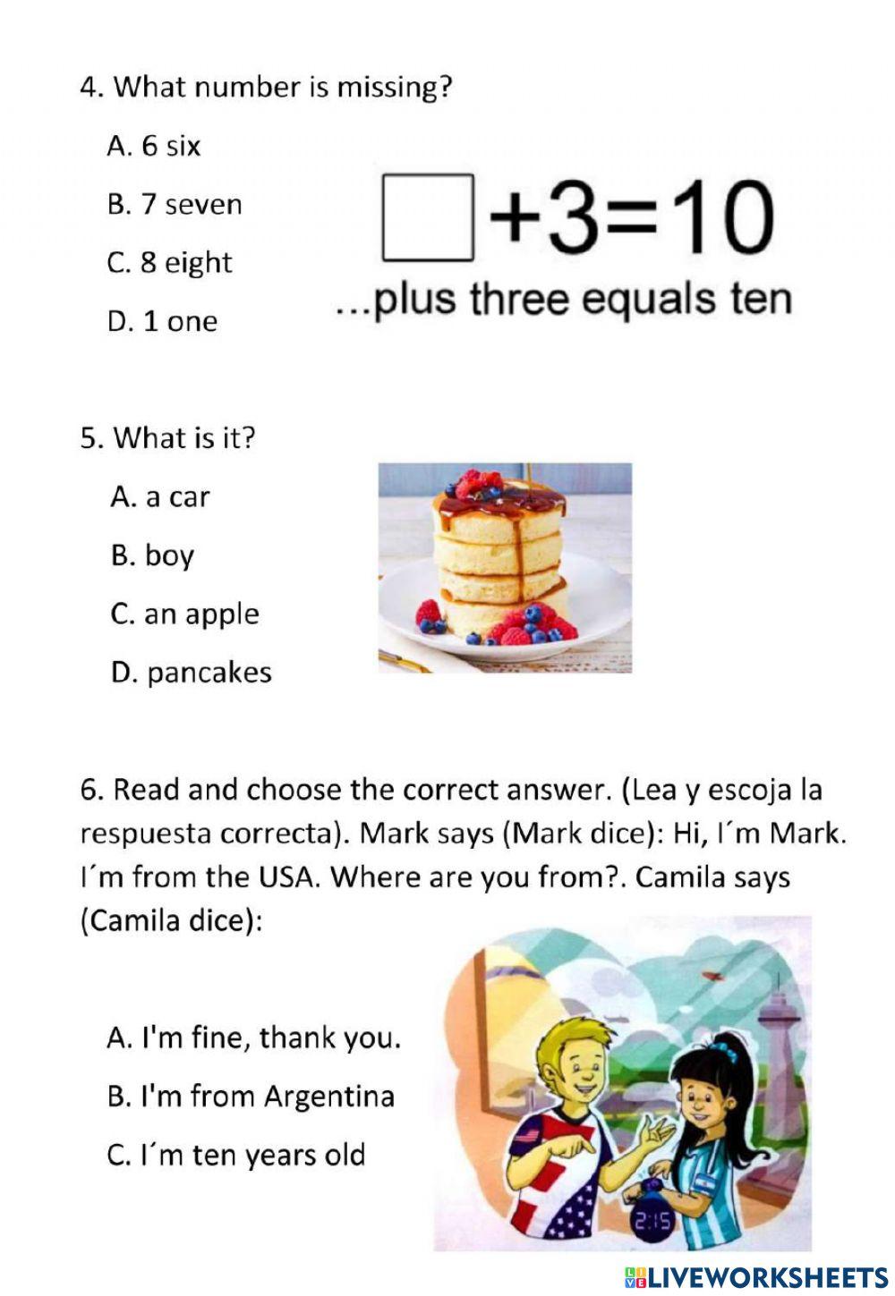 Questions type icfes English 1st Grade