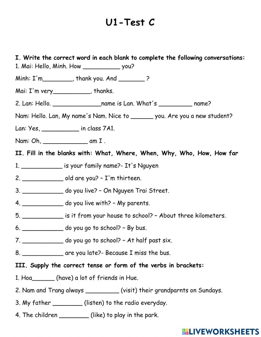 English Level 7-U1test C