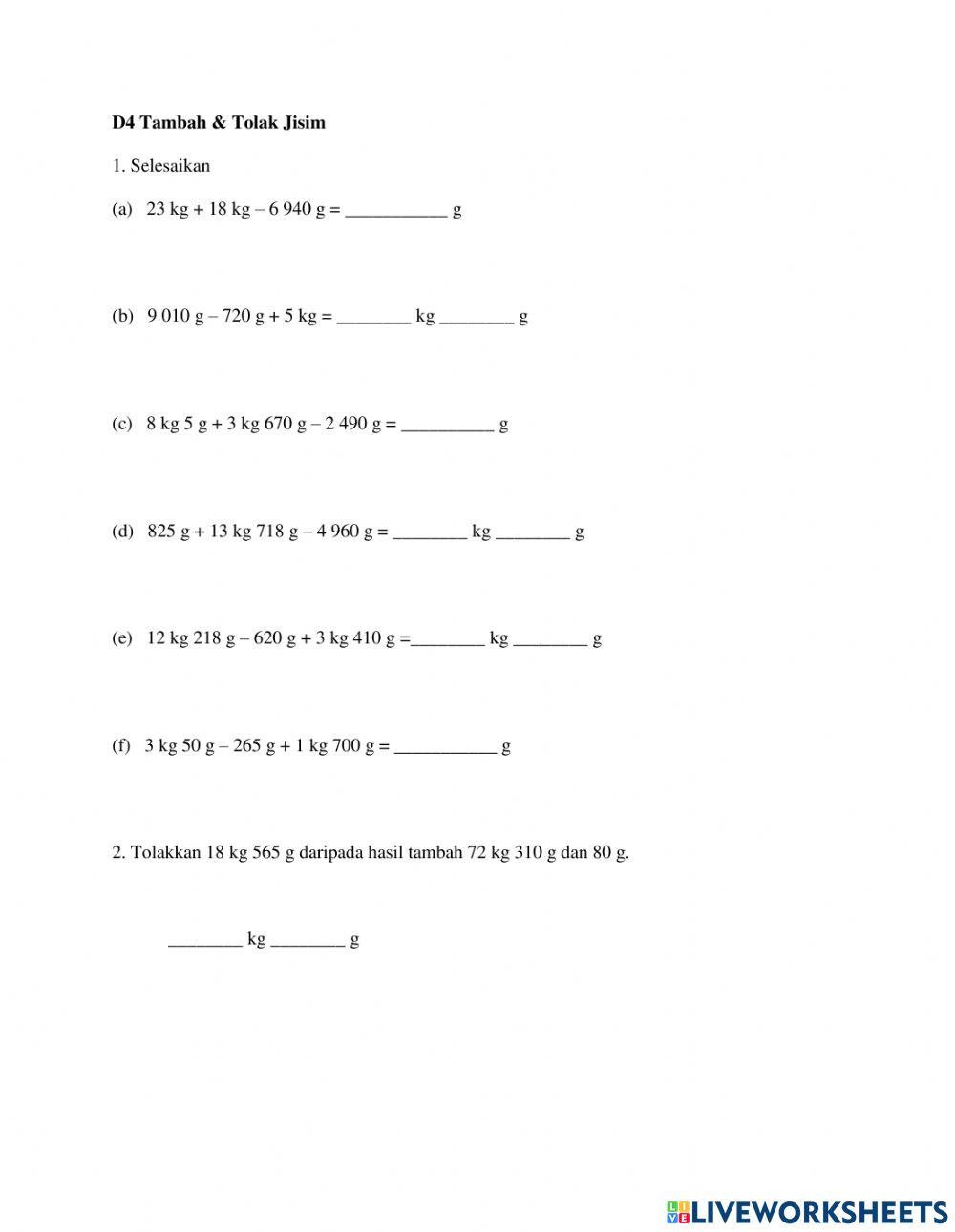 Matematik Tahun 4 : Tambah dan Tolak Jisim