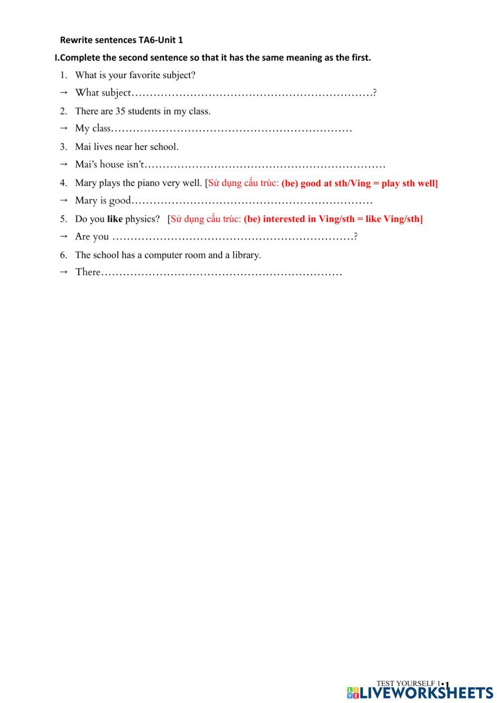 Tieng Anh 6 - Unit 1 - Rewrite sentences