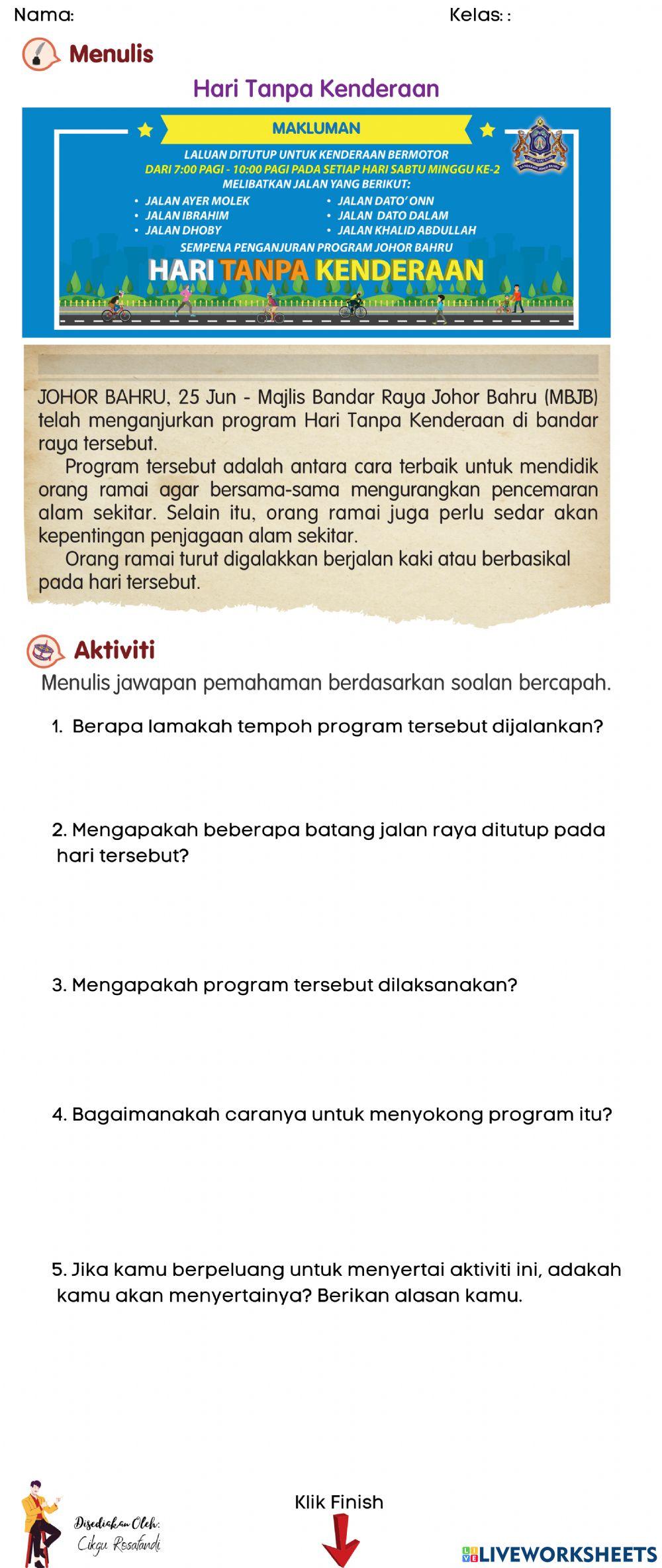 Menulis jawapan pemahaman berdasarkan soalan bercapah.