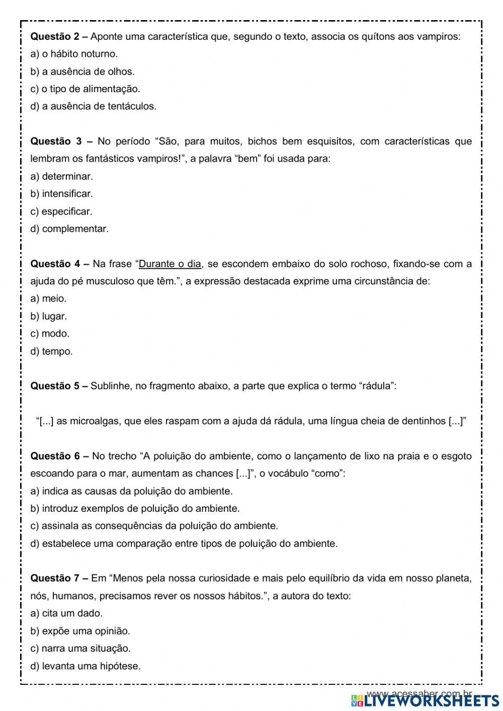 Interpretação de texto - 7º ano
