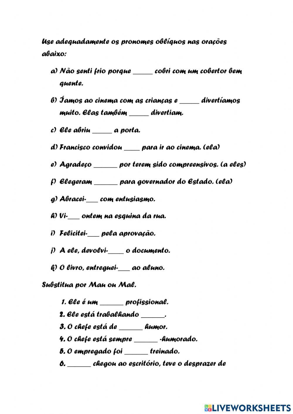 Conjunções, pronomes oblíquos, uso de expressões