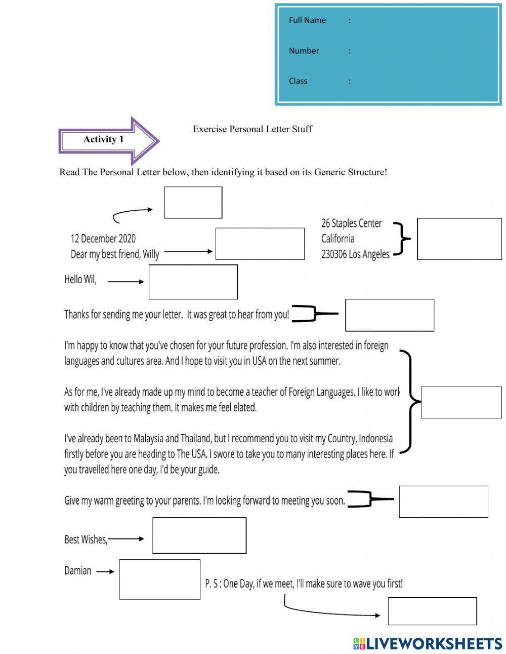 Exercise of Personal Letter