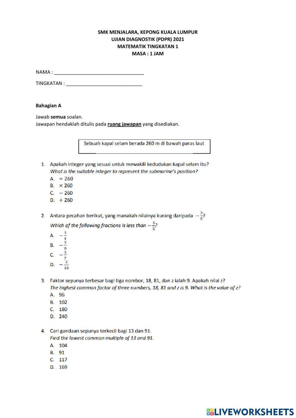 UJIAN MATEMATIK TINGKATAN 1 UJIAN MATEMATIK TINGKATAN 1