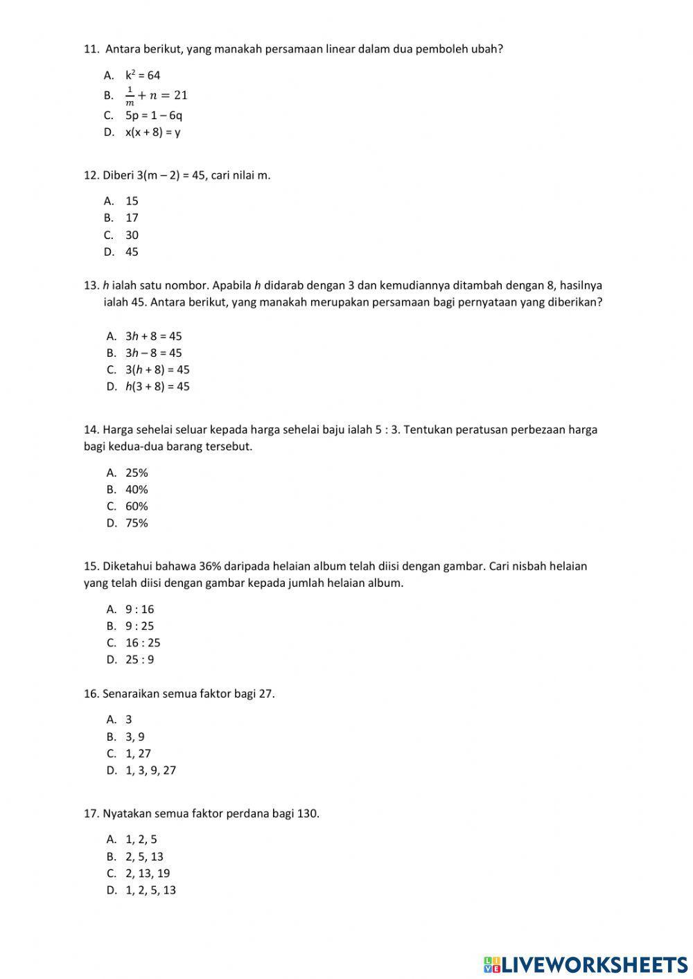 UJIAN MATEMATIK TINGKATAN 1 UJIAN MATEMATIK TINGKATAN 1